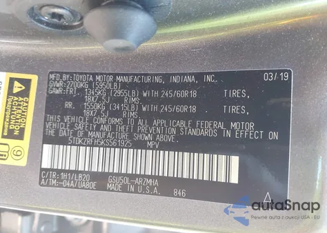 2019 Toyota Highlander Xle z USA, uszkodzony, nr VIN 5TDKZRFH5KS561925